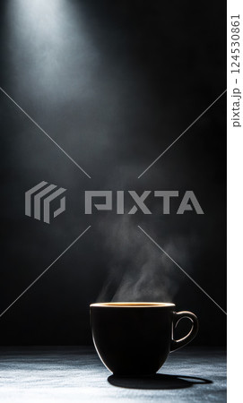 steaming coffee cup under dramatic spotlight in dark setting 124530861