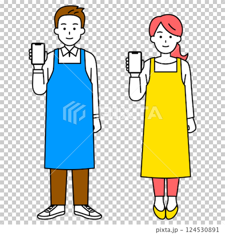 穿著圍裙的男人和女人展示智慧型手機螢幕（全身） 124530891