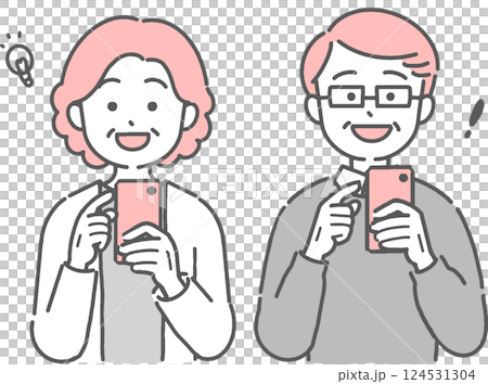Illustration of a smiling senior man and woman operating a smartphone Illustration of a smiling senior man and woman operating a smartphone 124531304