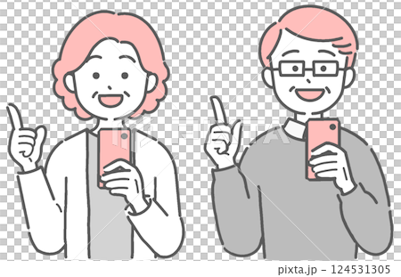 一位老年男士和一位女士操作智慧型手機並指點的插圖 124531305