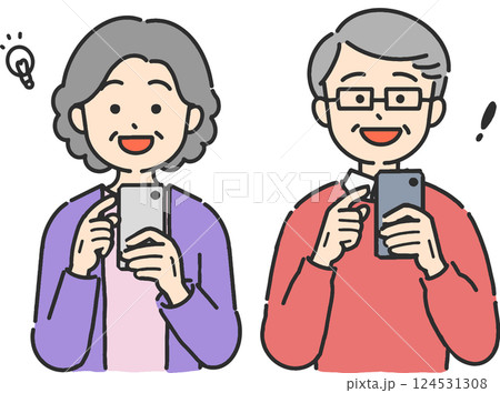 スマホを操作して笑顔のシニア男女のイラスト 124531308