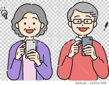 スマホを操作して笑顔のシニア男女のイラスト 124531308