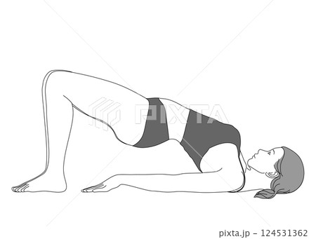 ヨガ 橋のポーズをする日本人女性のイラスト 全身横向き 横顔 モノクロ ヨガ 橋のポーズをする日本人女性のイラスト 全身横向き 横顔 モノクロ 124531362