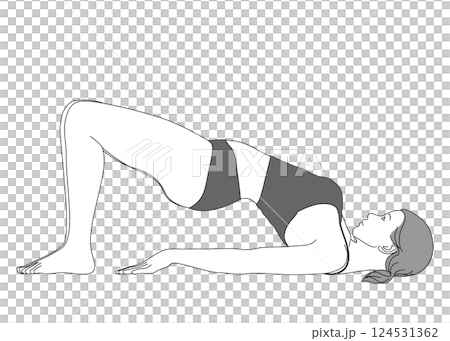 ヨガ 橋のポーズをする日本人女性のイラスト 全身横向き 横顔 モノクロ ヨガ 橋のポーズをする日本人女性のイラスト 全身横向き 横顔 モノクロ 124531362