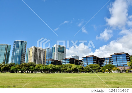 公園から見た高層ビル群 124531497