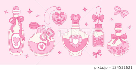 Vintage Coquette Pink Magic Bottles and Perfume with Ribbon Bow set. Romantic Girly Vibe. Vector illustration. Isolated Trendy Aesthetic beauty accessories and cosmetics in glass bottles with cork Vintage Coquette Pink Magic Bottles and Perfume with Ribbon Bow set. Romantic Girly Vibe. Vector illustration. Isolated Trendy Aesthetic beauty accessories and cosmetics in glass bottles with cork 124531621