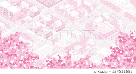 桜咲く春の街並みのイラスト. アイソメ図. 124531683