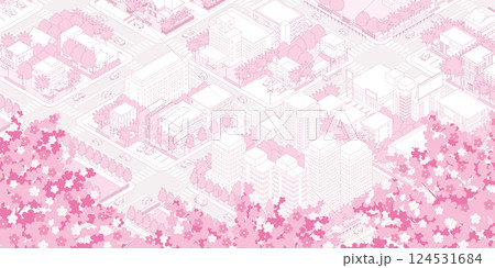 桜咲く春の街並みのイラスト. アイソメ図. 124531684