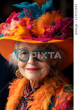 華やかな帽子をかぶった高齢女性のファッションポートレート 華やかな帽子をかぶった高齢女性のファッションポートレート 124531691