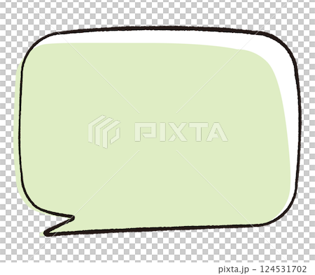 A simple speech bubble with a hand-drawn line drawing style. Square, horizontal, rounded corners, flowing tail, left. Stylish colors. 124531702