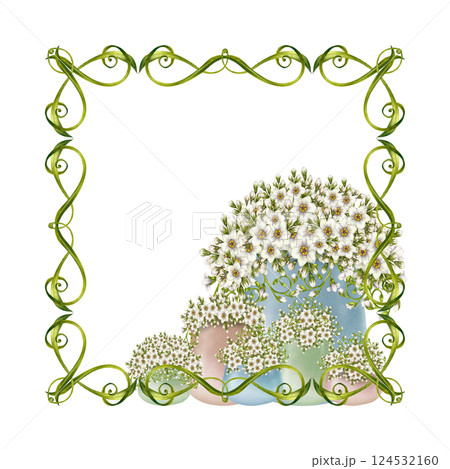 Delicate hand drawn botanical floral illustration with white flowers in pastel vases, framed with green vignettes, flowers. Perfect watercolor clip art for invitation, greeting card, decorative design 124532160