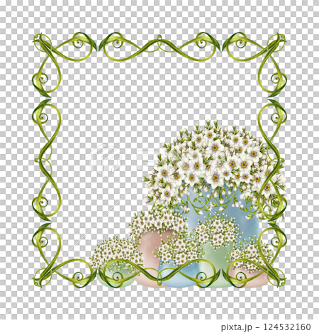 Delicate hand drawn botanical floral illustration with white flowers in pastel vases, framed with green vignettes, flowers. Perfect watercolor clip art for invitation, greeting card, decorative design 124532160