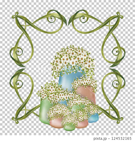 Delicate hand drawn botanical floral illustration with white flowers in pastel vases, framed with green vignettes, flowers. Perfect watercolor clip art for invitation, greeting card, decorative design 124532165