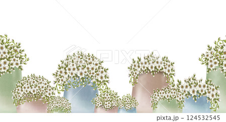 Seamless border of botanical floral illustration with white flowers in pastel vases, framed with green vignettes, flowers. Perfect watercolor clip art for invitation, greeting card, decorative design Seamless border of botanical floral illustration with white flowers in pastel vases, framed with green vignettes, flowers. Perfect watercolor clip art for invitation, greeting card, decorative design 124532545