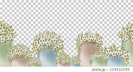 Seamless border of botanical floral illustration with white flowers in pastel vases, framed with green vignettes, flowers. Perfect watercolor clip art for invitation, greeting card, decorative design Seamless border of botanical floral illustration with white flowers in pastel vases, framed with green vignettes, flowers. Perfect watercolor clip art for invitation, greeting card, decorative design 124532545