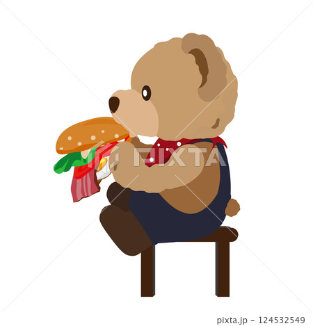 ベーコンエッグバーガーを食べるクマのぬいぐるみのイラスト 124532549