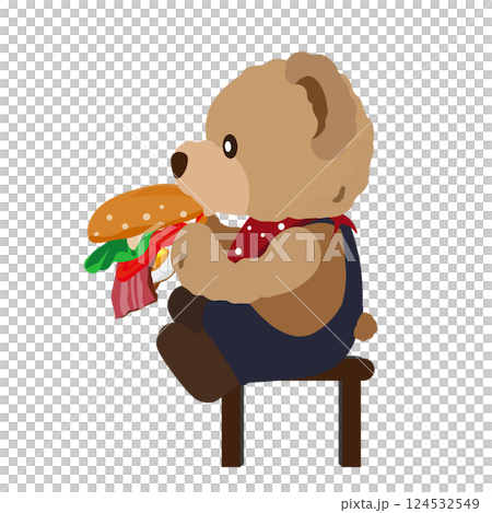 一隻泰迪熊正在吃培根蛋漢堡的插圖 124532549