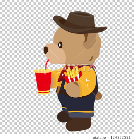 一隻泰迪熊拿著馬鈴薯喝果汁的插圖 124532551