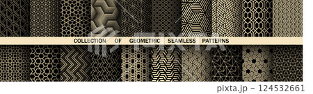 Geometric set of seamless black and golden patterns. Simple vector graphics 124532661