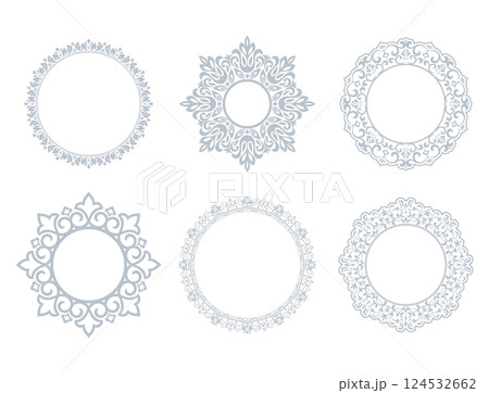 Set of decorative frames Elegant vector element for design in Eastern style, place for text. Floral gray and white borders. Lace illustration for invitations and greeting cards Set of decorative frames Elegant vector element for design in Eastern style, place for text. Floral gray and white borders. Lace illustration for invitations and greeting cards 124532662
