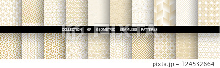 Geometric set of seamless golden and white patterns. Simple vector graphics 124532664
