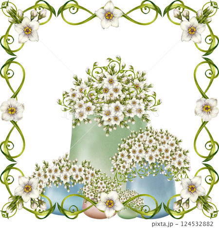 Delicate watercolor-style floral illustration featuring white flowers in pastel vases, framed by green vines, blossoms. Ideal clipart of spring frame for invitation, greeting card, decorative design 124532882