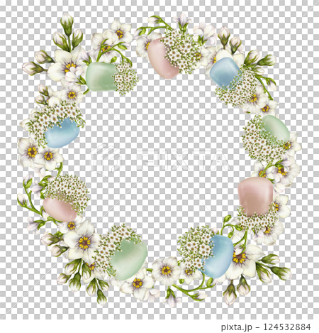 Floral wreath of botanical floral illustration with white flowers in pastel vases, framed with green vignettes, flowers. Perfect watercolor clip art for invitations, greeting cards, decorative designs Floral wreath of botanical floral illustration with white flowers in pastel vases, framed with green vignettes, flowers. Perfect watercolor clip art for invitations, greeting cards, decorative designs 124532884