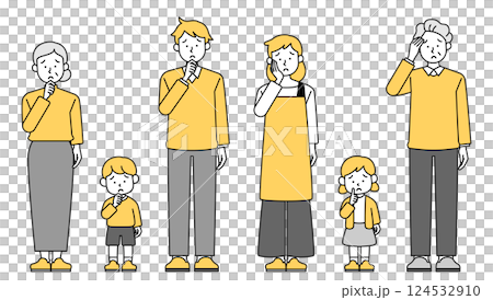 Full body vector illustration set of a worried three-generation family Elderly couple Three generations Two generations Questions Questions 124532910