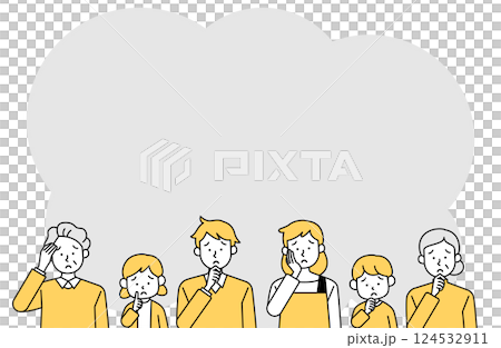 Worried three-generation family frame vector illustration Elderly couple Three generations Two generations Questions Questions 124532911