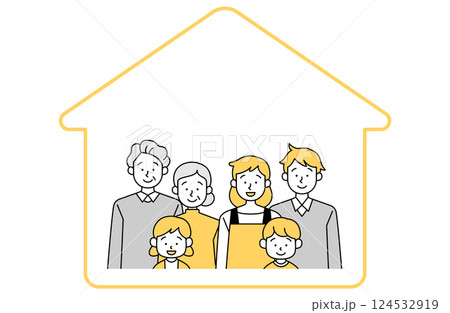 三世代家族団欒のベクターイラスト 家族割 老夫婦 孫 夫妻 家 マイホーム 家賃  124532919