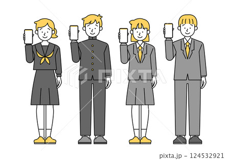 スマホを持つ学生のベクターイラストセット 高校生 中学生 スマートフォン スマートホン 学ラン 子供 124532921