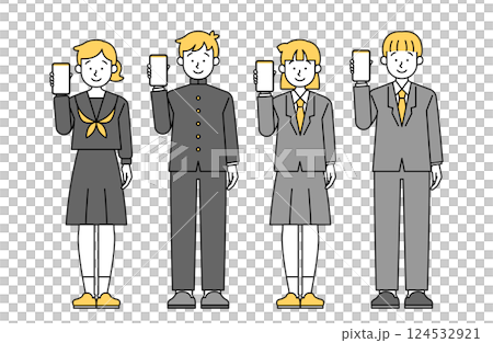 向量插圖組學生拿著智慧型手機高中生國中生智慧型手機智慧型手機校服兒童 124532921