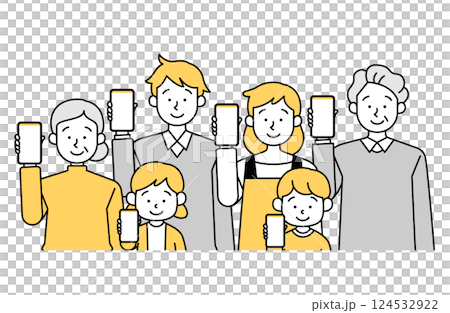 Vector illustration of a three-generation family with a smartphone, smartphone, mother, father, child, grandfather, parents Vector illustration of a three-generation family with a smartphone, smartphone, mother, father, child, grandfather, parents 124532922