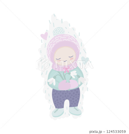 Spring illustration of a cute child smiling and holding snowdrops in their hands 124533059