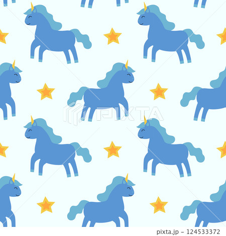 Seamless Pattern, Blue Unicorn with stars. Children Vector Flat Illustration. 124533372