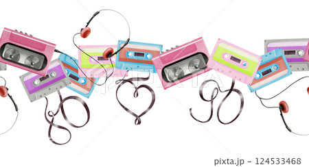 Portable player audio cassettes from 80's,90's style, retro walkman with headphones,tapes in shape 80,90,heart in seamless border.Watercolor illustration isolated on white for websites,fabric or party 124533468