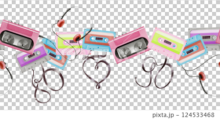 Portable player audio cassettes from 80's,90's style, retro walkman with headphones,tapes in shape 80,90,heart in seamless border.Watercolor illustration isolated on white for websites,fabric or party 124533468