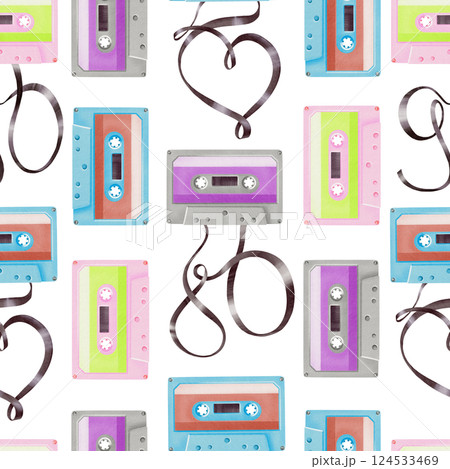 Portable player audio cassettes from 80's,90's style,tapes in shape 80,90,heart in seamless pattern.Watercolor illustration on transparent background for websites,fabric,stationery,theme parties 124533469