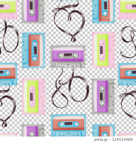 Portable player audio cassettes from 80's,90's style,tapes in shape 80,90,heart in seamless pattern.Watercolor illustration on transparent background for websites,fabric,stationery,theme parties 124533469