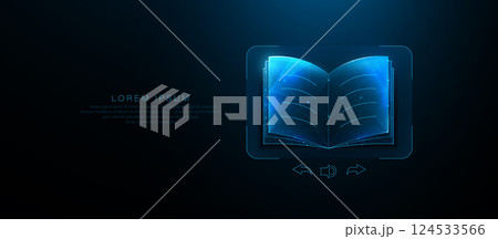 Digital E-Book Interface with Glowing Open Book. Online Learning Concept 124533566