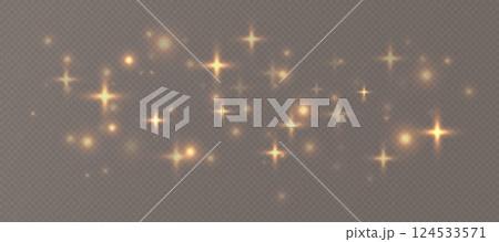 Golden sparkling stars, shiny particles light effect, transparent flying stardust texture 124533571