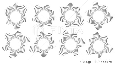 Sound wave, circular equalizer icons, round music soundwave shape, concentric energy burst. 124533576