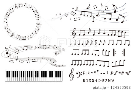 音符、休符、音楽記号のイラストセット　五線譜　音楽記号　ベクター素材 124533598