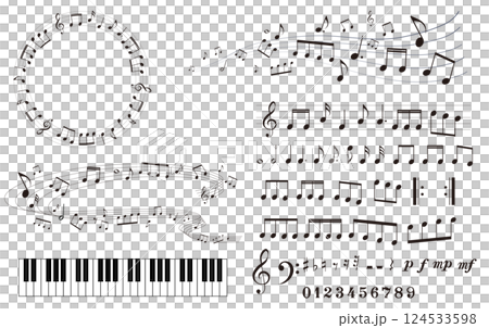 音符、休符、音楽記号のイラストセット　五線譜　音楽記号　ベクター素材 124533598