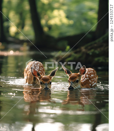 Deer wading in Lake, Close up Deer in a lake. Spring time forest with wildlife in it. Deers in the woods. AI Generated. 124533717