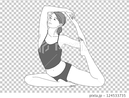 Illustration of a Japanese woman doing yoga pigeon pose, full body, front, monochrome Illustration of a Japanese woman doing yoga pigeon pose, full body, front, monochrome 124533735