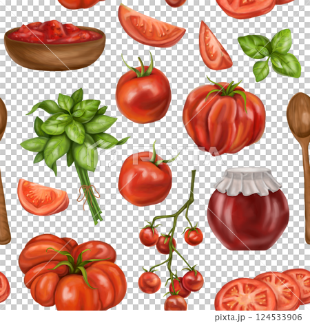 A seamless pattern with juicy red tomatoes, wooden plates with sauces. A healthy diet of vegetables and ingredients. Floral background for packaging and textiles. Digital isolated illustration 124533906