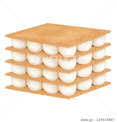 Sweet dessert S'more made of crispy cookies and marshmallows. A dish made over a campfire. A delicacy made from simple ingredients for home tea parties and parties. Isolated digital illustration 124533907