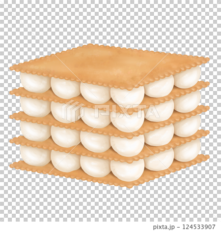Sweet dessert S'more made of crispy cookies and marshmallows. A dish made over a campfire. A delicacy made from simple ingredients for home tea parties and parties. Isolated digital illustration 124533907
