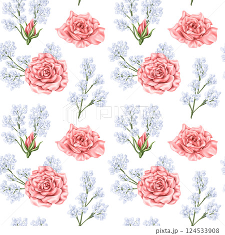 Seamless pattern of delicate blue gypsophila branches, pink roses and buds. Dried wildflowers, bouquets. Botanical motifs, decorative natural elements. Digital illustration Seamless pattern of delicate blue gypsophila branches, pink roses and buds. Dried wildflowers, bouquets. Botanical motifs, decorative natural elements. Digital illustration 124533908